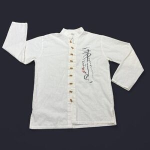 White long sleeve Chinese button-up shirt with embroidered design 100% cotton